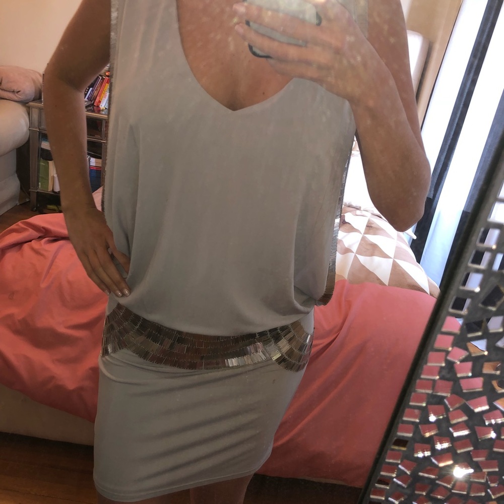 Grey sequin Bebe drape dress- small